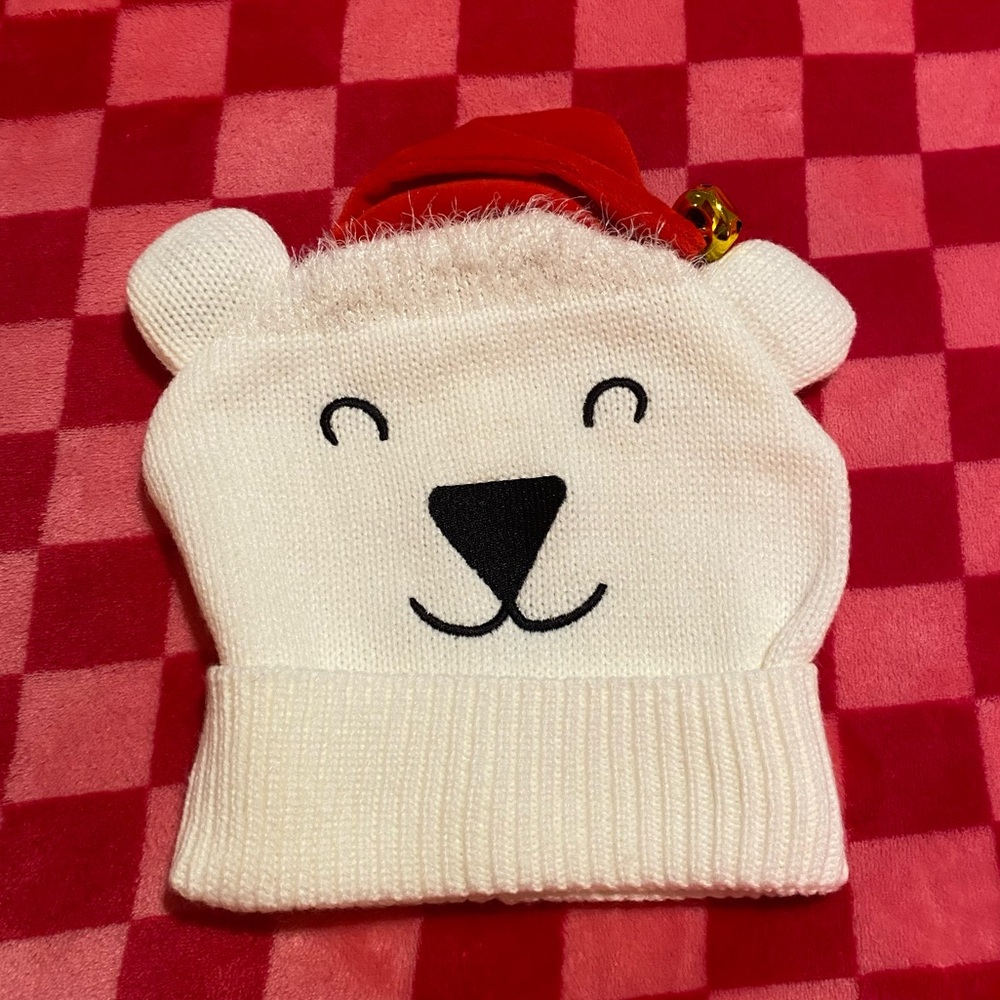 Cream holiday polar bear hat with bell